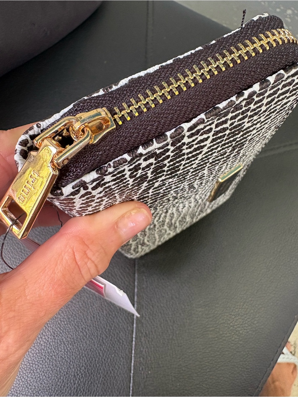 Trina Turk Black & White Textured Zip Wallet with Gold Logo Plaque - Picture 5 of 9